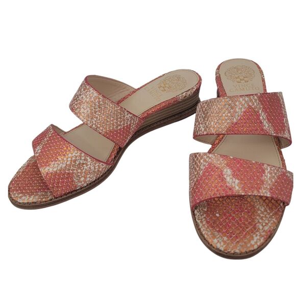 Vince Camuto Size 7.5 Leather Demi-Wedge Slide Sandals Relindie Red Sunset Snake - Picture 1 of 8